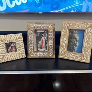 Set of 3 wood hand-carved artisan white-washed frames